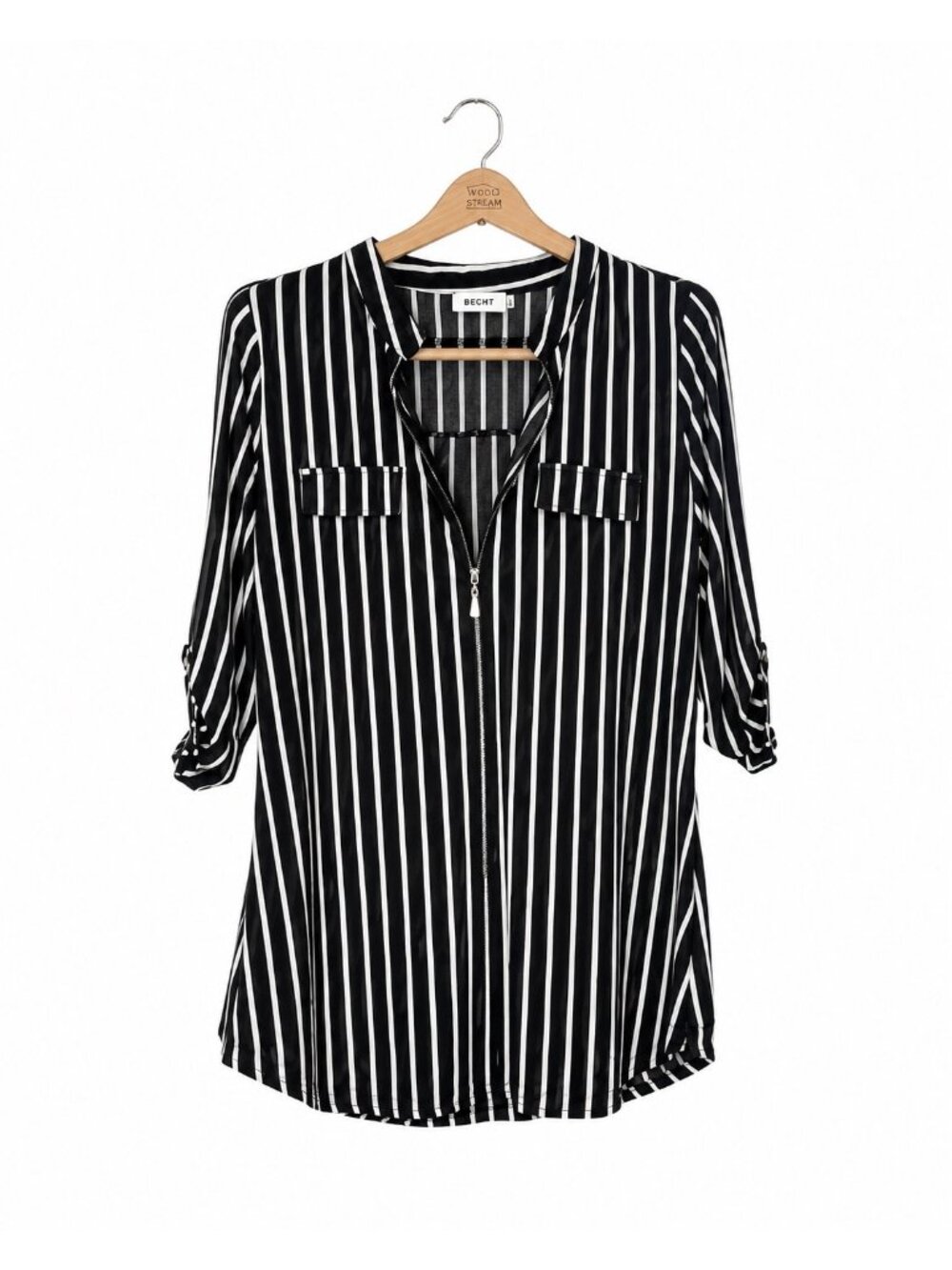 Black & White Striped Zip-Front Blouse With Roll-Tab Sleeves Collared Design And - Picture 2 of 3